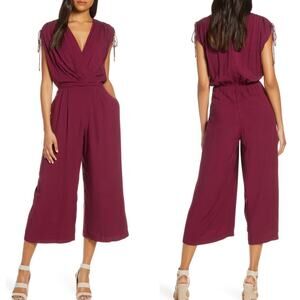 Gal Meets Glam Luella Ruched-Shoulder Crop Jumpsuit Burgundy Red Size 0 Wide Leg